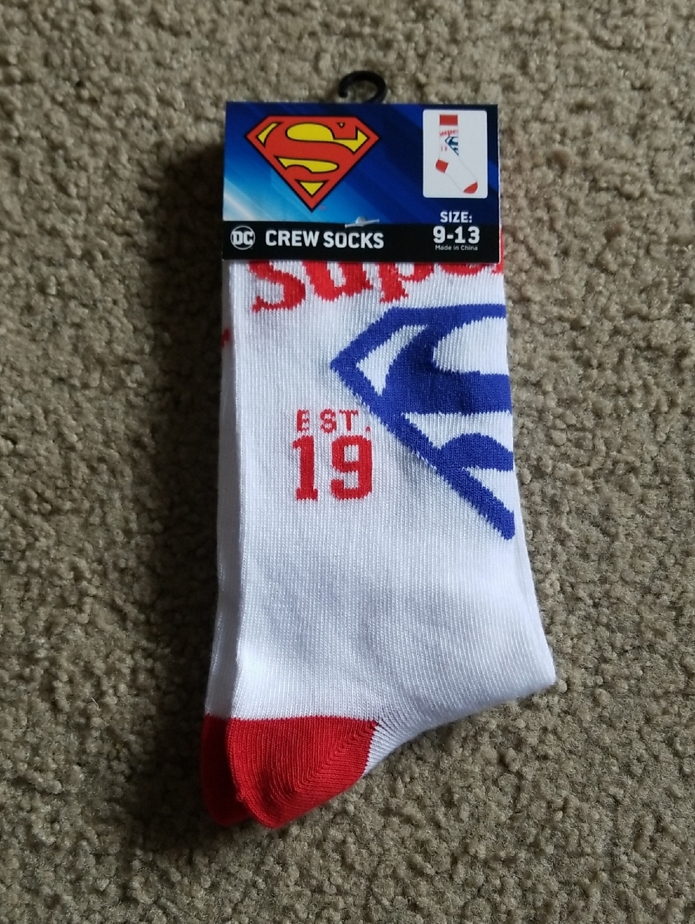 Superman Men's White Crew Socks with Red & Blue Accents